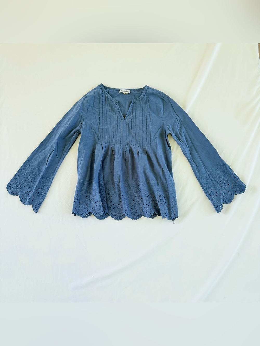 Calvin Klein Cotton Bell Sleeve Eyelet Lace Embroidered Blue Blouse Romantic